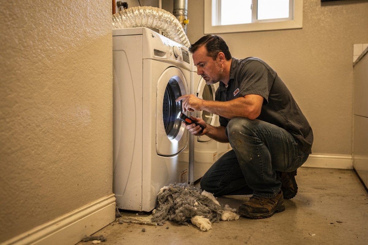 Technician inspecting a dryer vent duct behind a laundry unit with a flashlight