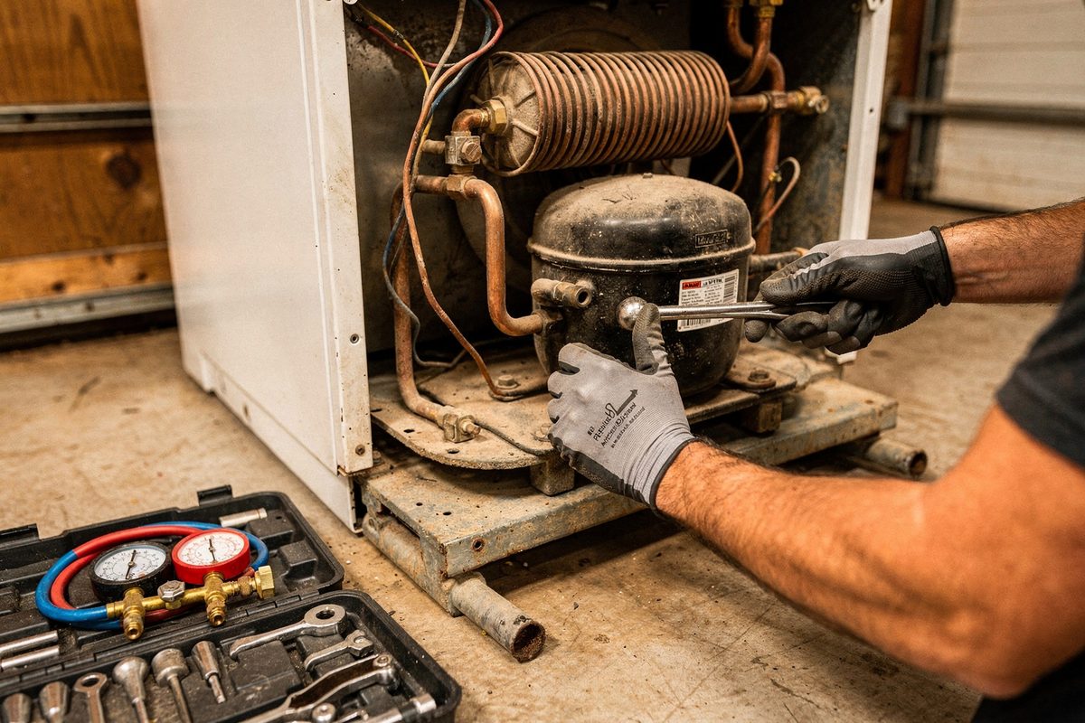 Technician's hands working on a refrigerator compressor and coil unit